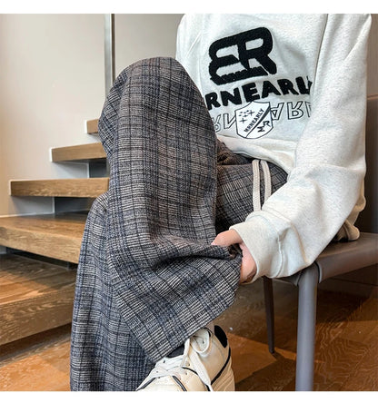 mens plaid pants baggy winter trendy fleece loose straight wide leg mopping trousers unisex thick velvet warm long pants unique default style 1113