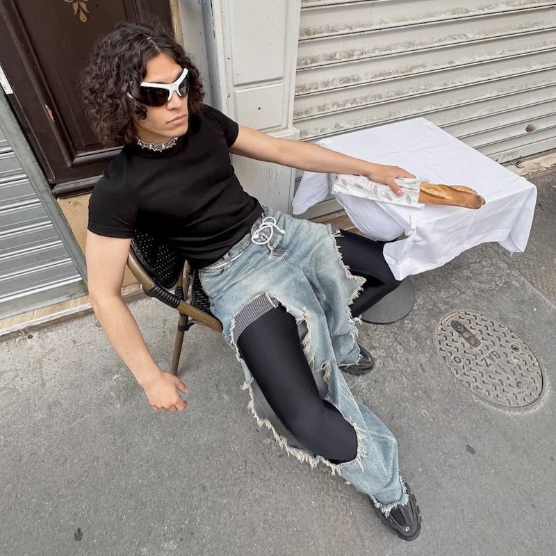 street wear retro hip hop distressed straight leg jeans vintage y2k tassel biker ripped denim pants mens washed destroyed jean denim street jeans
