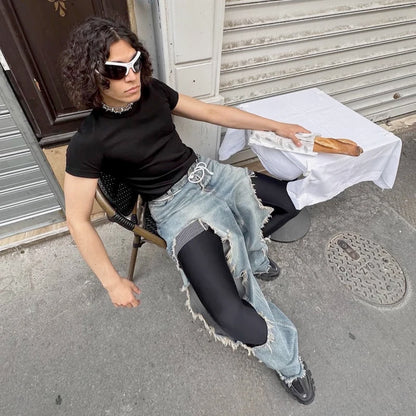 street wear retro hip hop distressed straight leg jeans vintage y2k tassel biker ripped denim pants mens washed destroyed jean denim street jeans