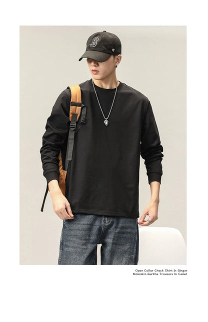 Cotton Long-Sleeved T-Shirt Men's Spring And Autumn Basic Solid Color Inner Loose Sweatshirt Men's White Bottoming Shirt Street King Limited