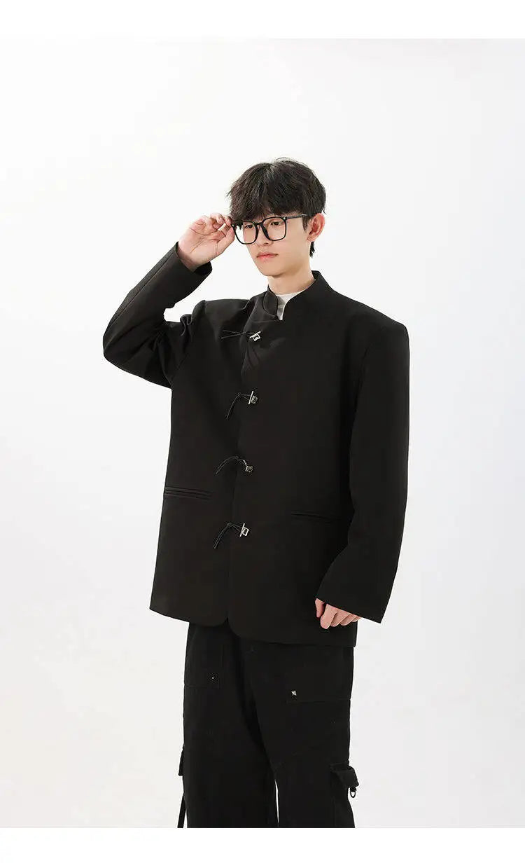men fashion streetwear vintage stand collar loose casual black suit blazer jacket couple spring autumn coat outerwear unique default style 805