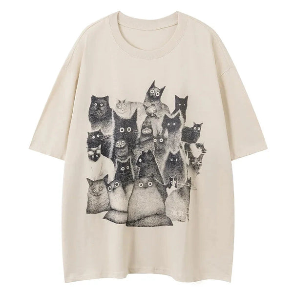 Men's Cartoon Cats Printed T-Shirts Harajuku Vintage Short-Sleeved Tops Trendy Hip-Hop Streetwear Summer Oversized Loose Tees Street King Limited