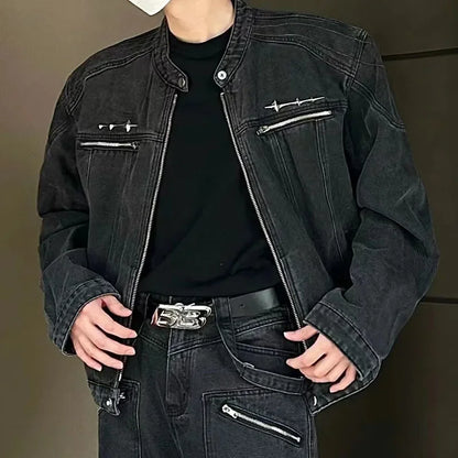 male denim jackets high street shoulder pad design patchwork solid men short coats american style loose short outwear zipper ripped baggy denim