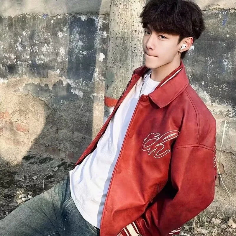 american motorcycle pu leather jacket mens street hip hop letter embroidery loose coat college retro pilot baseball outwear unique default style 2634