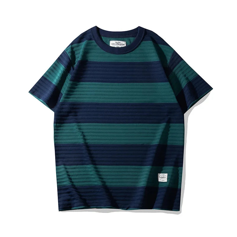 Men's Dark Wide Striped Short Sleeve Tees, Casual Tops, Round Neck, Thick, 100% Cotton, New, Summer Street King Limited