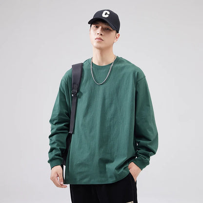 Cotton Long-Sleeved T-Shirt Men's Spring And Autumn Basic Solid Color Inner Loose Sweatshirt Men's White Bottoming Shirt Street King Limited
