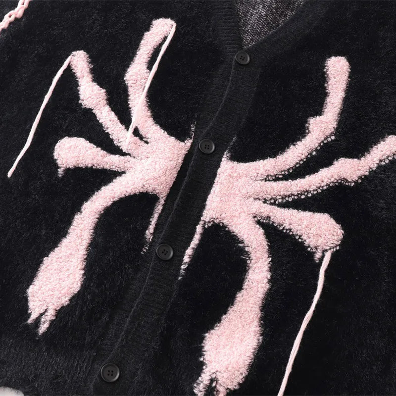 Men Cardigan Distressed Ripped Spider Embroidery Knit Sweater Jacket Y2K High Street Oversized Loose Couple Knitwear Coat Street King Limited