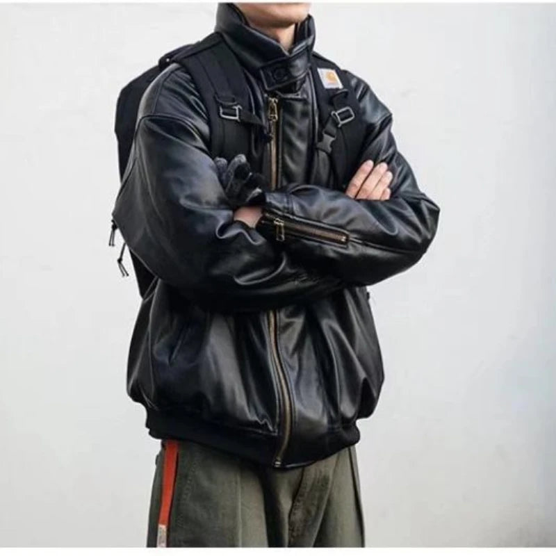 japanese street motorcycle set men thickened stand collar hip hop leather jacket harajuku casual pants 2 pcs bomber suit 2023 relaxed fit trousers