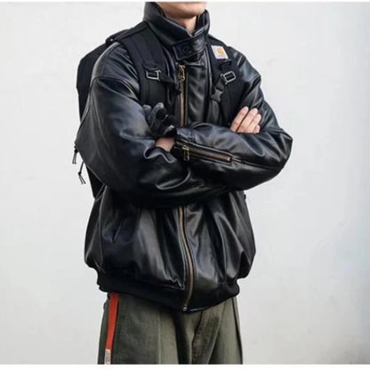 japanese street motorcycle set men thickened stand collar hip hop leather jacket harajuku casual pants 2 pcs bomber suit 2023 relaxed fit trousers