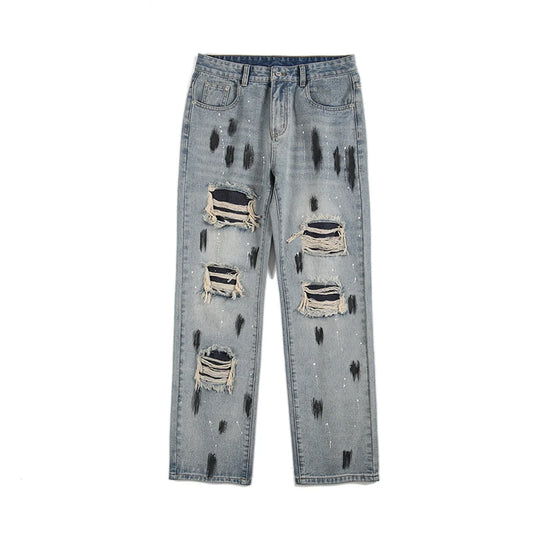 graffiti printed ripped destroied denim jean mens distressed biker jeans trousers new fashion high street straight pants joggers streetwear sweatpants