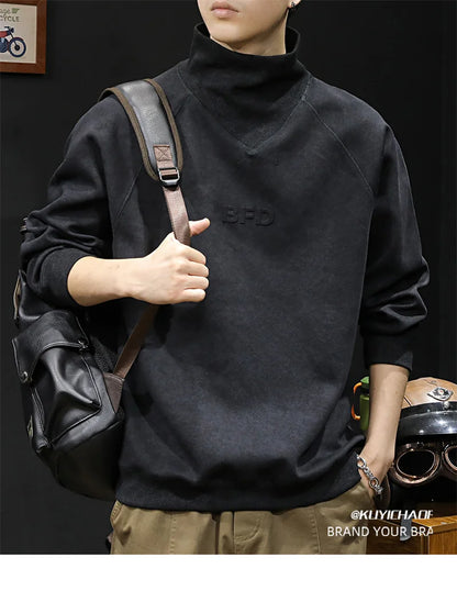 Autumn Suede Turtleneck Long Sleeve Sweatshirts Men Letter Foam Print Patchwork Crewneck Pullover Hoodie Y2K Streetwear Clothes Street King Limited