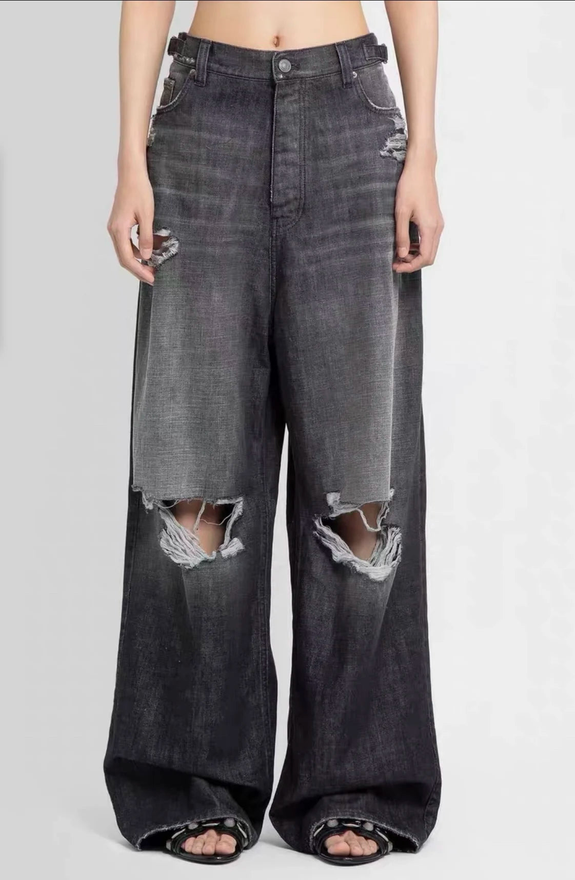baggy damaged heavy industry washed jeans pants vibe loose casual silhouette straight worn pants knee ripped denim trousers unique jeans style 167