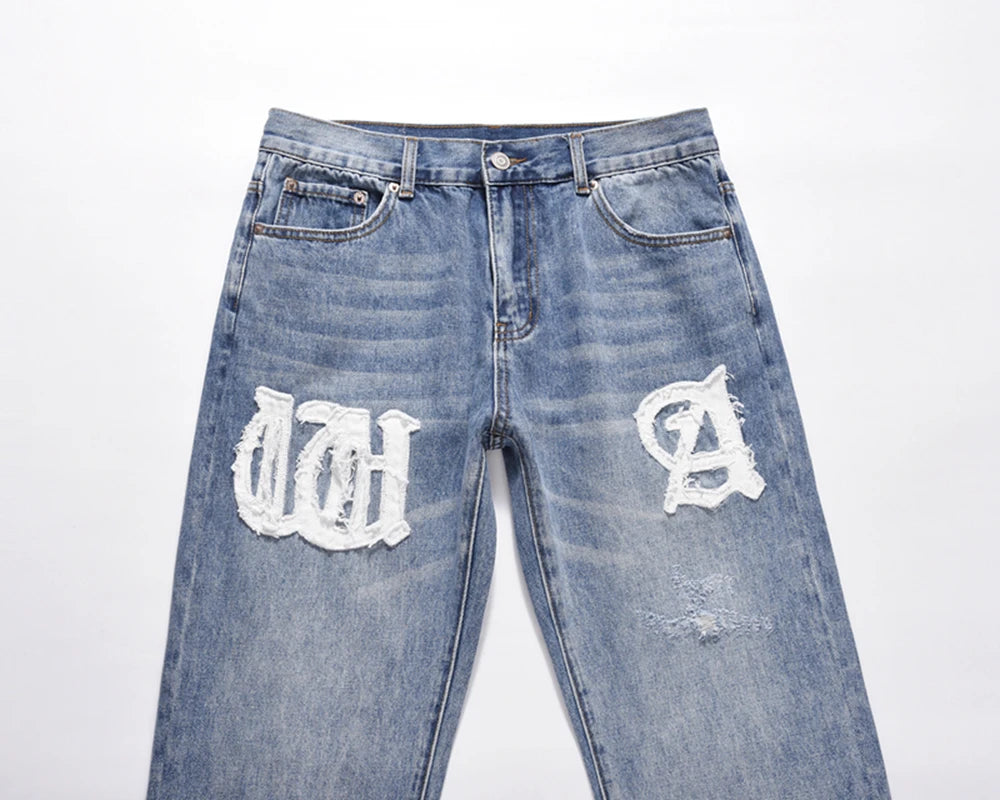 Vintage Washed Letter Embroidery Ripped Hole Blue Men's Jeans Straight Frayed Streetwear Hip Hop Loose Unisex Denim Trousers Street King Limited