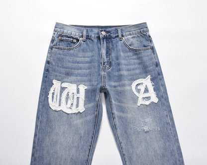 Vintage Washed Letter Embroidery Ripped Hole Blue Men's Jeans Straight Frayed Streetwear Hip Hop Loose Unisex Denim Trousers Street King Limited