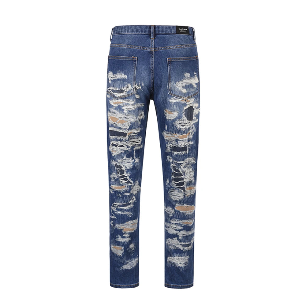 harajuku cut hole ripped patchwork blue jeans for men straight retro streetwear casual denim pants oversized loose trousers urban skinny jeans