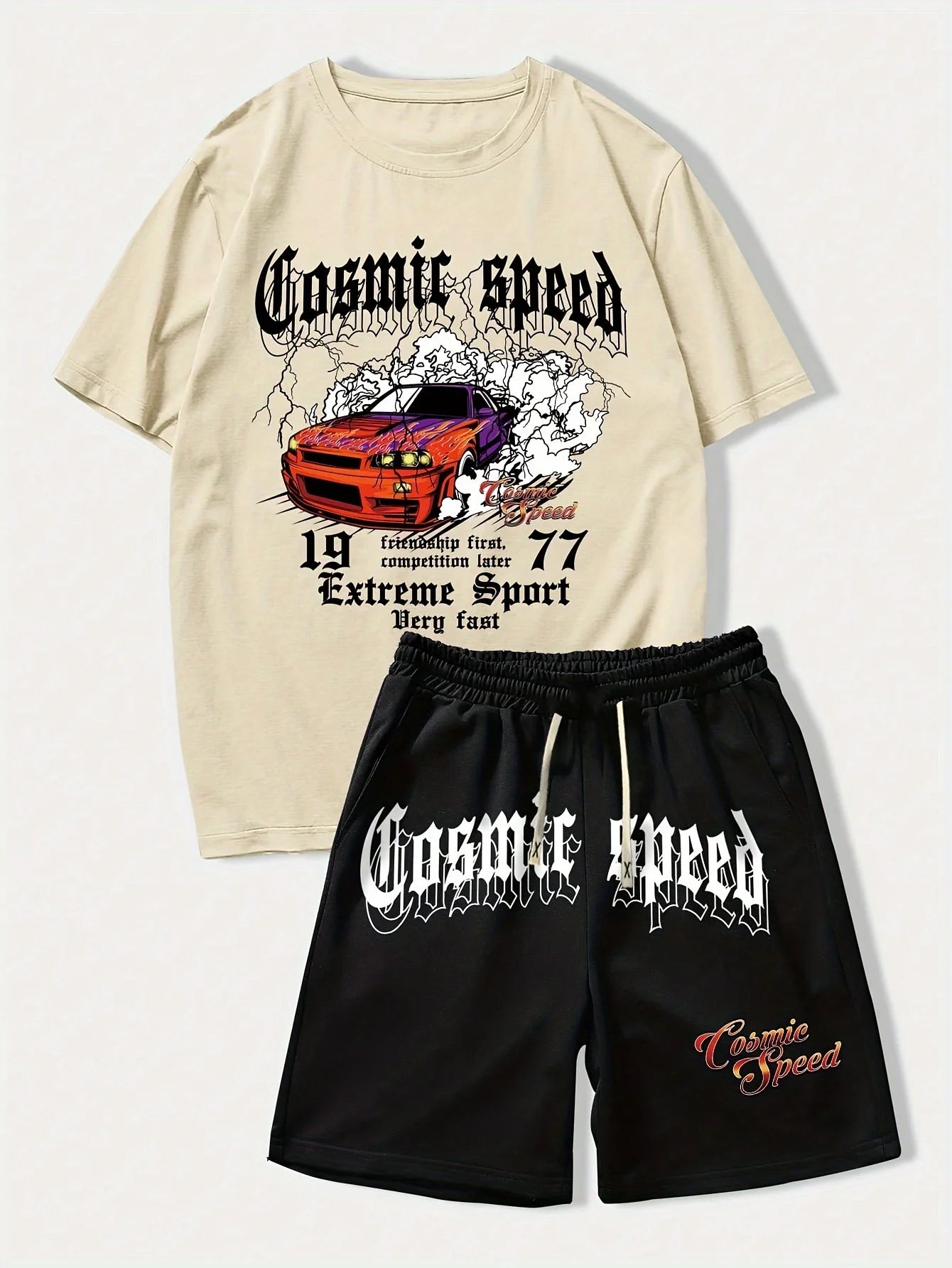 cosmic speed letter car graphic t shirts print shotr pants harajuku tracksuit men streetwear black sweatpants y2k men clothing streetwear sweatpants