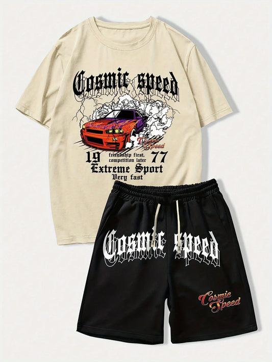 cosmic speed letter car graphic t shirts print shotr pants harajuku tracksuit men streetwear black sweatpants y2k men clothing streetwear sweatpants