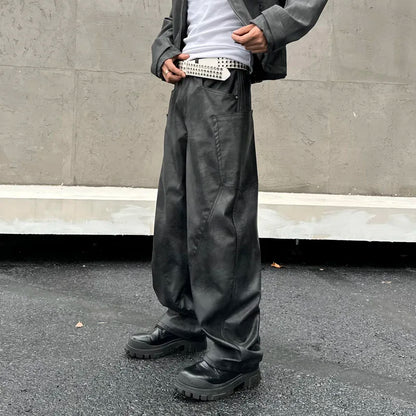 men brand fashion splice pocket loose casual wide leg leather baggy pant cityboy streetwear cargo motorcycle pants trousers unique cargo style 2422