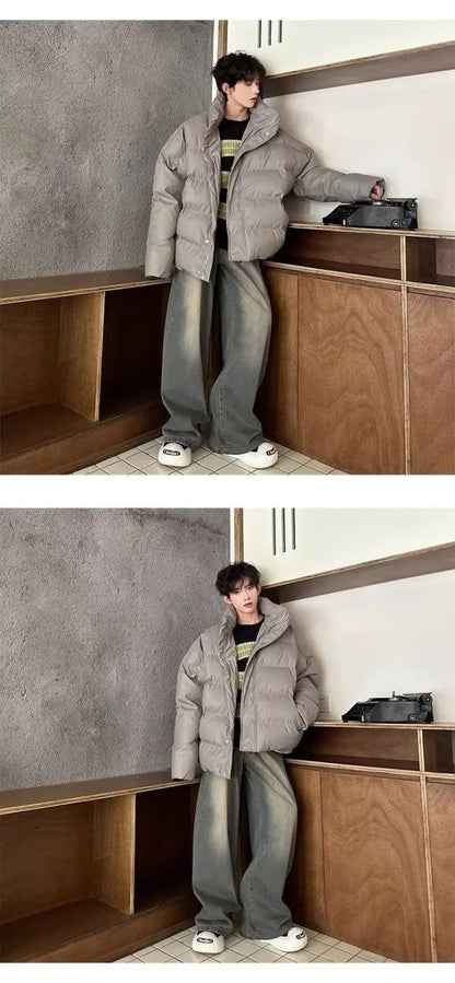 Winter Korean style stand up collar trend PU leather men and women high-end feeling thick cotton jacket couple loose casual top Street King Limited