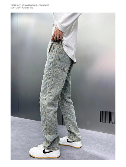 Men Wide Leg Denim Pants High Street American Retro Jacquard Loose Straight Jeans Y2K Fashion Streetwear Baggy Trousers Street King Limited