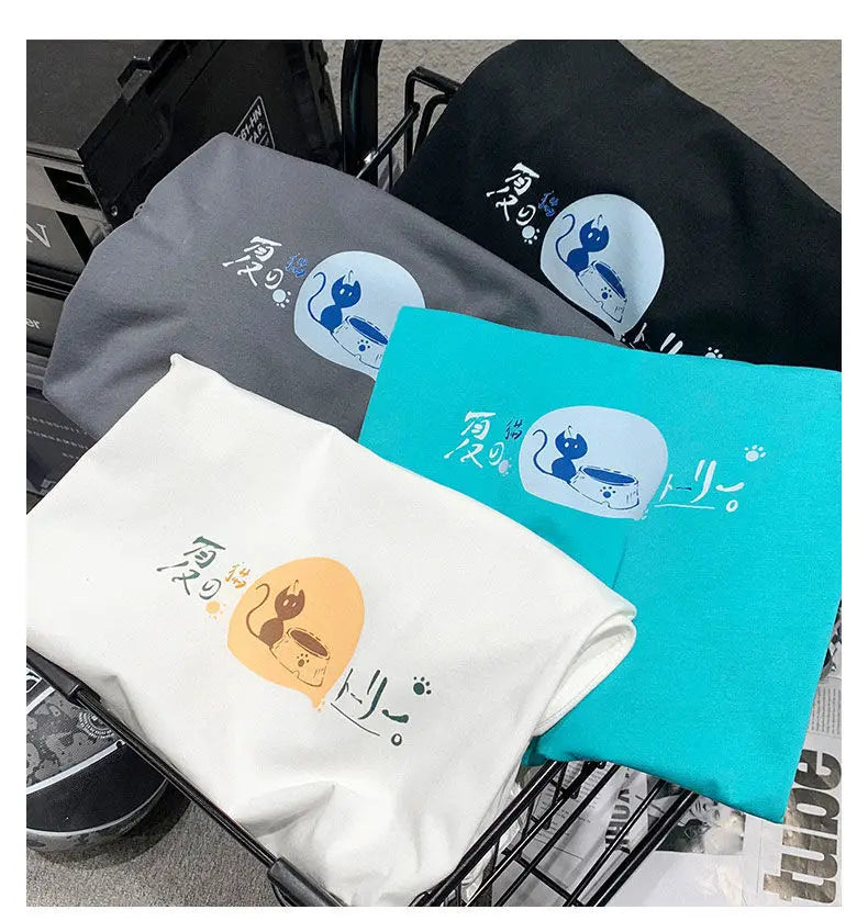 Korean style fun cat print men short-sleeved T-shirt new lazy style y2k simple casual versatile salt loose half-sleeved T-shirt Street King Limited