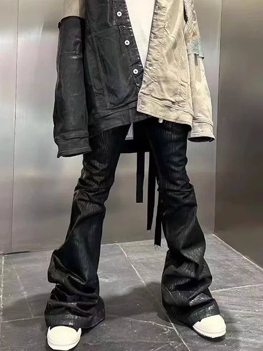 Streetwear Black Wax Leather Strecth Jeans for Men Ropa Hombre Baggy Y2k Flare Pants Oversized Straight Denim Trousers Street King Limited