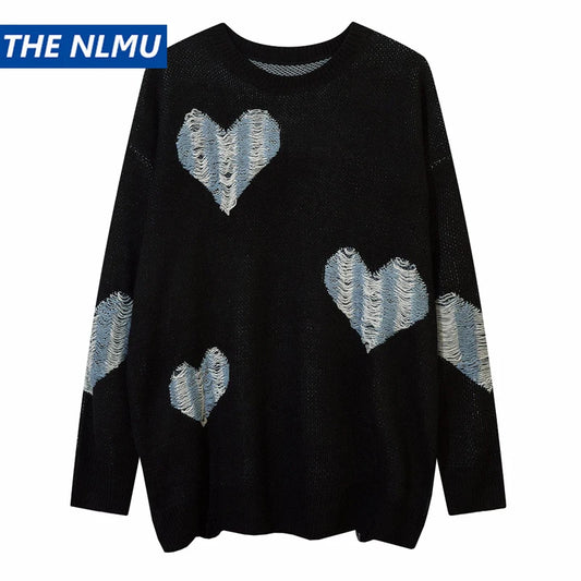 2023 Vintage Sweater Ripped Distressed Heart Graphic Knitted Jumpers Men Streetwear Harajuku Oversized Sweaters Y2K Pullover Street King Limited