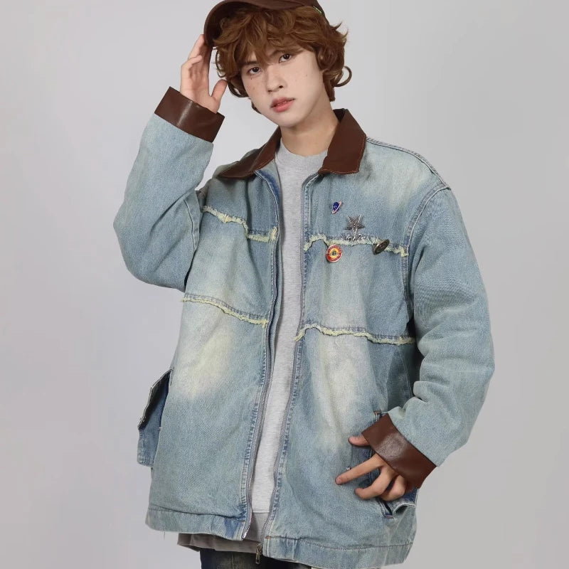 burr edge vintage mens denim jacket spring american patchwork lapel washed cowboy coats loose harajuku couple outwear new denim street jeans