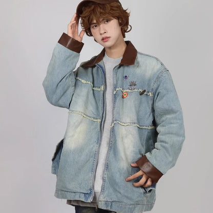 burr edge vintage mens denim jacket spring american patchwork lapel washed cowboy coats loose harajuku couple outwear new denim street jeans