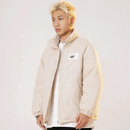 Men Winter Down Jacket Plaid Stand Collar Short Padding Coats American Retro High Street Cotton Parkas Ski Thick Couple Jackets Street King Limited