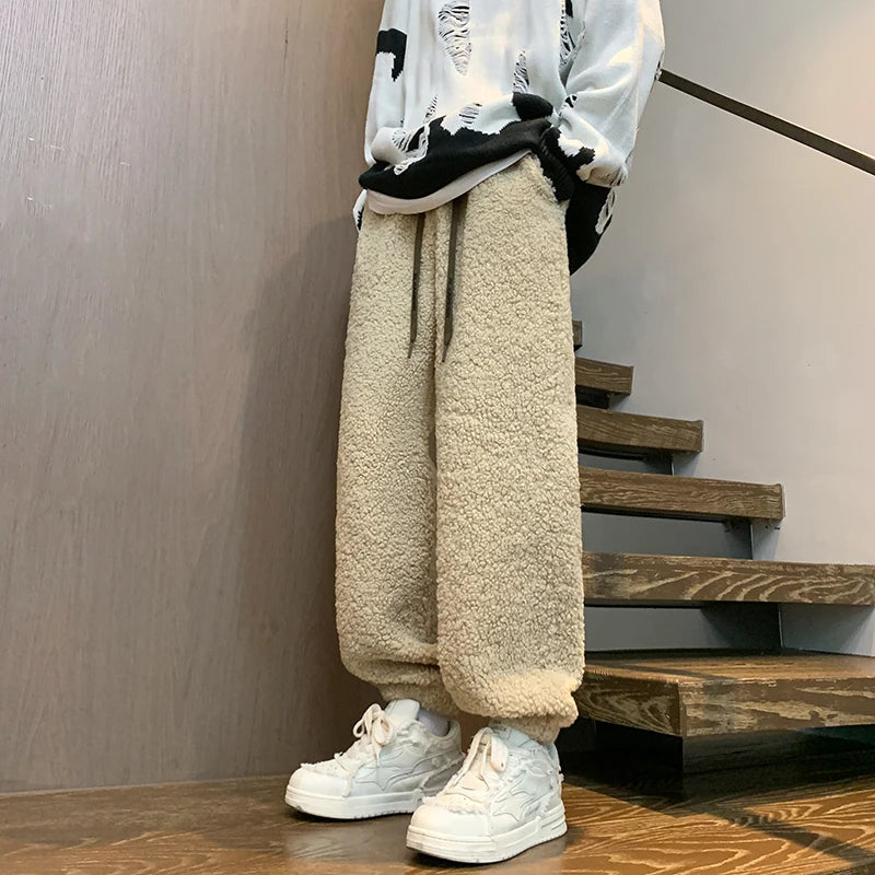 Winter Thickened Pants Men Warm Fashion Retro Lamb Wool Pants Men Oversized Streetwear Loose Straight Pants Mens Thick Trousers Street King Limited