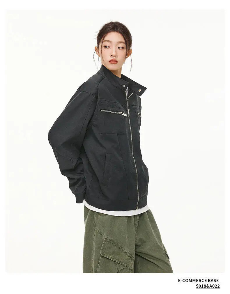 men retro casual stand collar streetwear fashion loose lightweight short motorcycle jacket women spring autumn coat outerwear unique shorts style 418