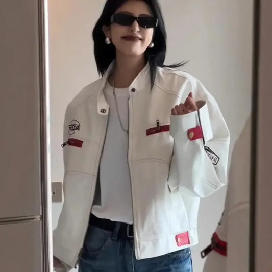 White leather jacket American high street cold proof men's and women's design loose and trendy brand jacket jacket men clothing Street King Limited