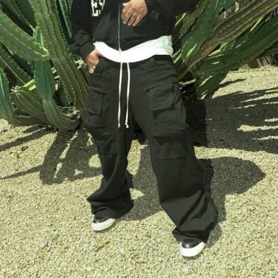 Ro Style Double Pockets Drawstring Wide Leg Cargo Pants for Men and Women Straight Black Baggy Trousers Oversized Street King Limited