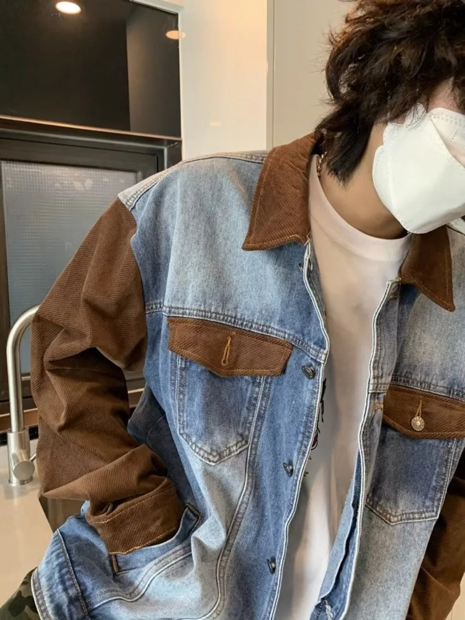 mens patchwork denim jacket spring trend korean retro college lapel color blocked couple coats 2024 high street cowboy cardigan unique jeans style 3373