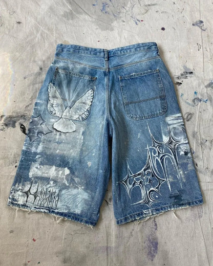 y2k american street retro graffiti anime print oversized denim shorts men shorts high waist fashion loose casual wide leg pants urban skinny jeans
