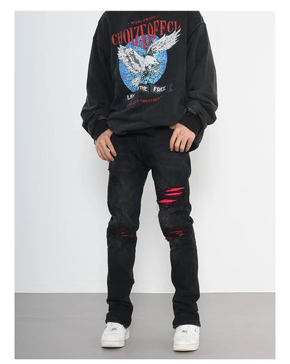 knee ripped patchwork jeans for men hip hop skinny biker taped jean trouser slim fit black denim pants fashion streetwear jogger unique joggers style 2007