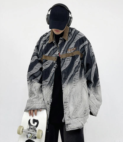 zebra printed harajuku denim jacket and coat mens hip hop patchwork ripped holes jeans outerwear casual streetwear jeans jackets unique jeans style 4693