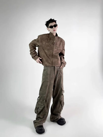retro motorcycle pu leather jacket mens brown coffee short punk stand collar bomber coats spring high street racing suit new unique shorts style 3344