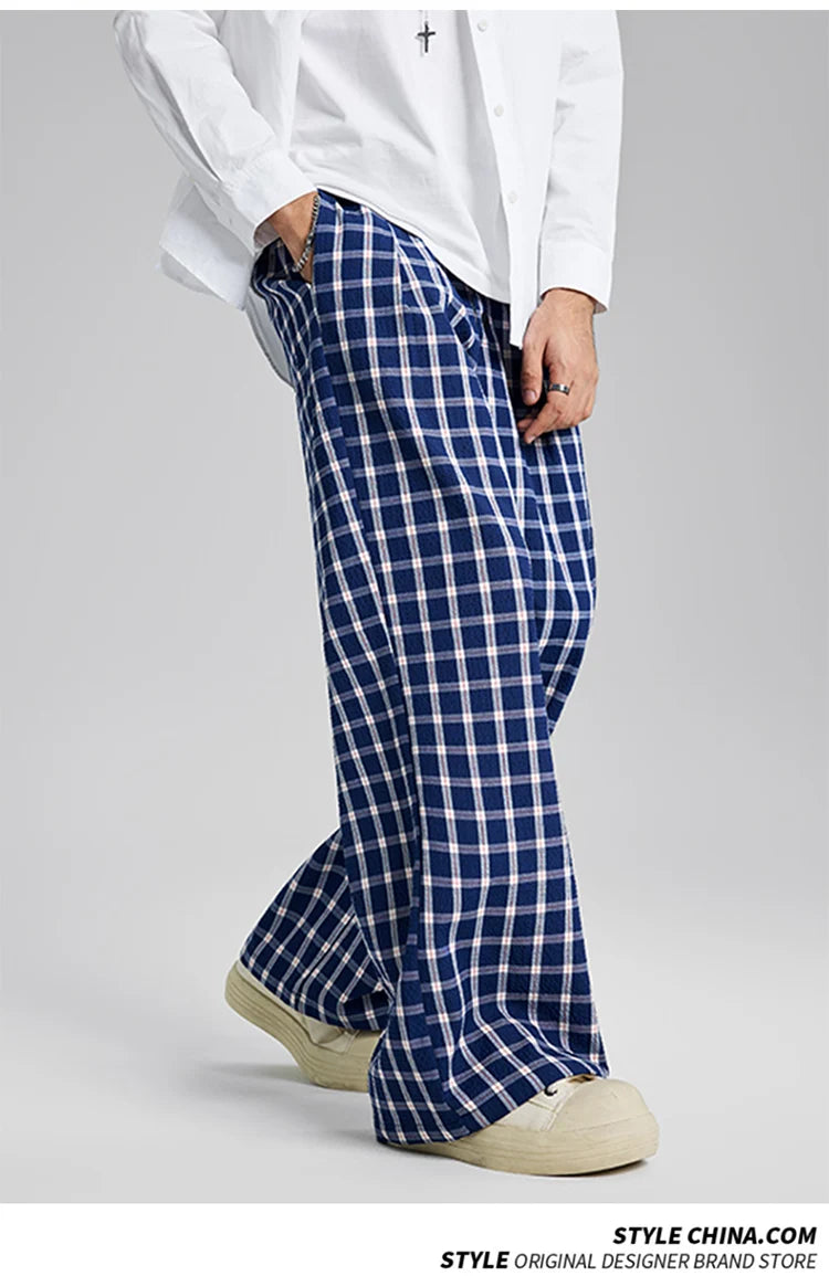 men women american streetwear fashion loose plaid wide leg straight pant boyfriend button down sports casual pants trousers unique default style 1412