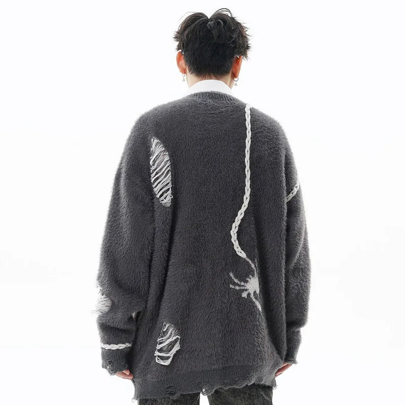 Men Cardigan Distressed Ripped Spider Embroidery Knit Sweater Jacket Y2K High Street Oversized Loose Couple Knitwear Coat Street King Limited