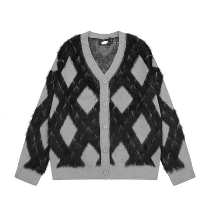 2024 New College Casual Mens Cardigan Autumn Diamond Grid Color Block Street Unisex Knitted Jacket Loose V-neck Sweater Coats Street King Limited
