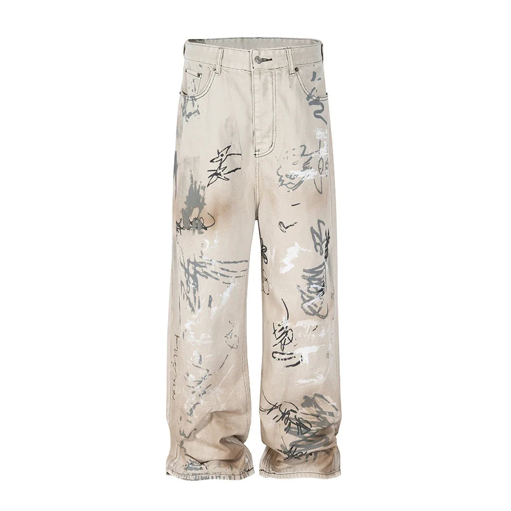 hand painted graffiti washed baggy jeans for men and women y2k streetwear pantalones hombre casual denim trousers oversized 1 stacked flare jeans