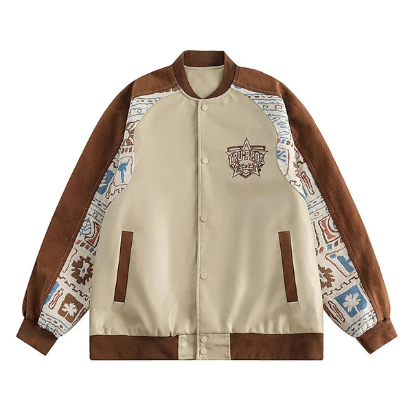 Vintage Ethnic Style Graffiti Print Patch Sleeve Baseball Jackets for Men Hit Color Oversized Zipper Jacket Coat Men and Women Street King Limited