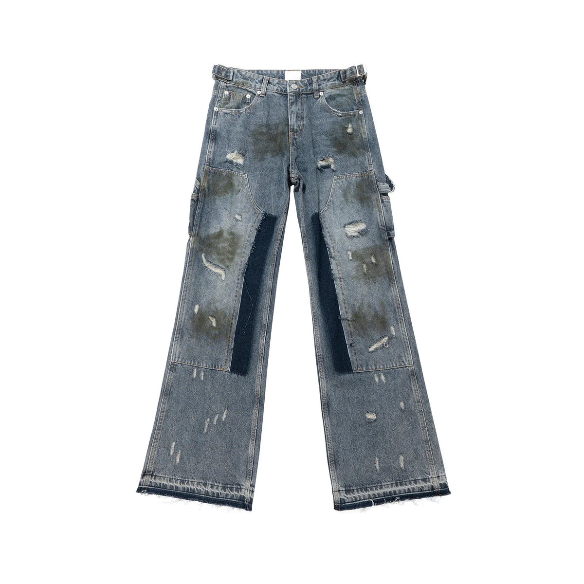 Streetwear Handmade Mud Dyed Dirty Blue Baggy Jeans for Men Distressed Hole Casual Patchwork Denim Trousers Oversized Street King Limited