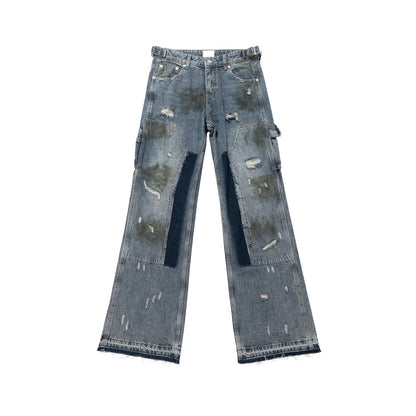 Streetwear Handmade Mud Dyed Dirty Blue Baggy Jeans for Men Distressed Hole Casual Patchwork Denim Trousers Oversized Street King Limited