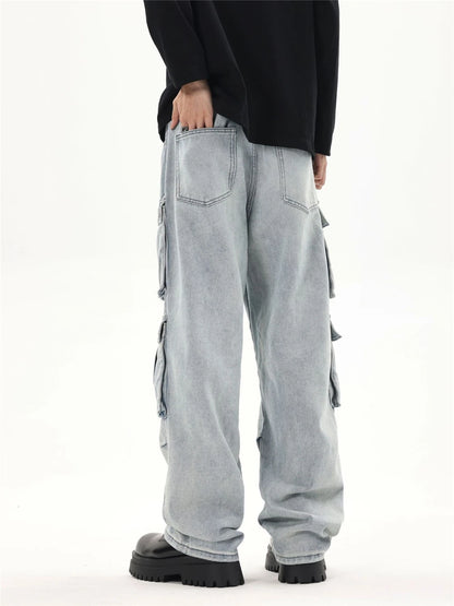 2024 multi pocket jeans vintage mens harajuku cargo denim pants retro hip hop straight loose jean pants unique cargo style 1007
