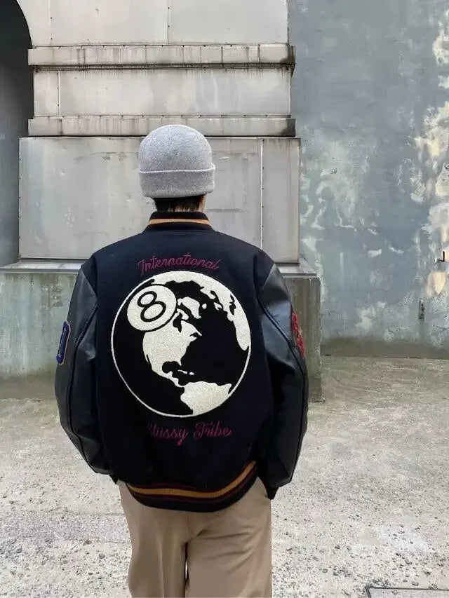 american retro high street embroidered jacket splicing print black eight baseball jacket 2024street wear baseball uniform jacket unique default style 5265