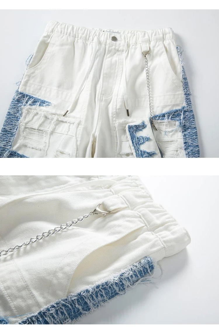 Mens High Street Denim Jean Shorts Casual Loose Destroyed Ripped Holes Loose Shorts Patchwork Hip Hop Streetwear Short Joggers Street King Limited