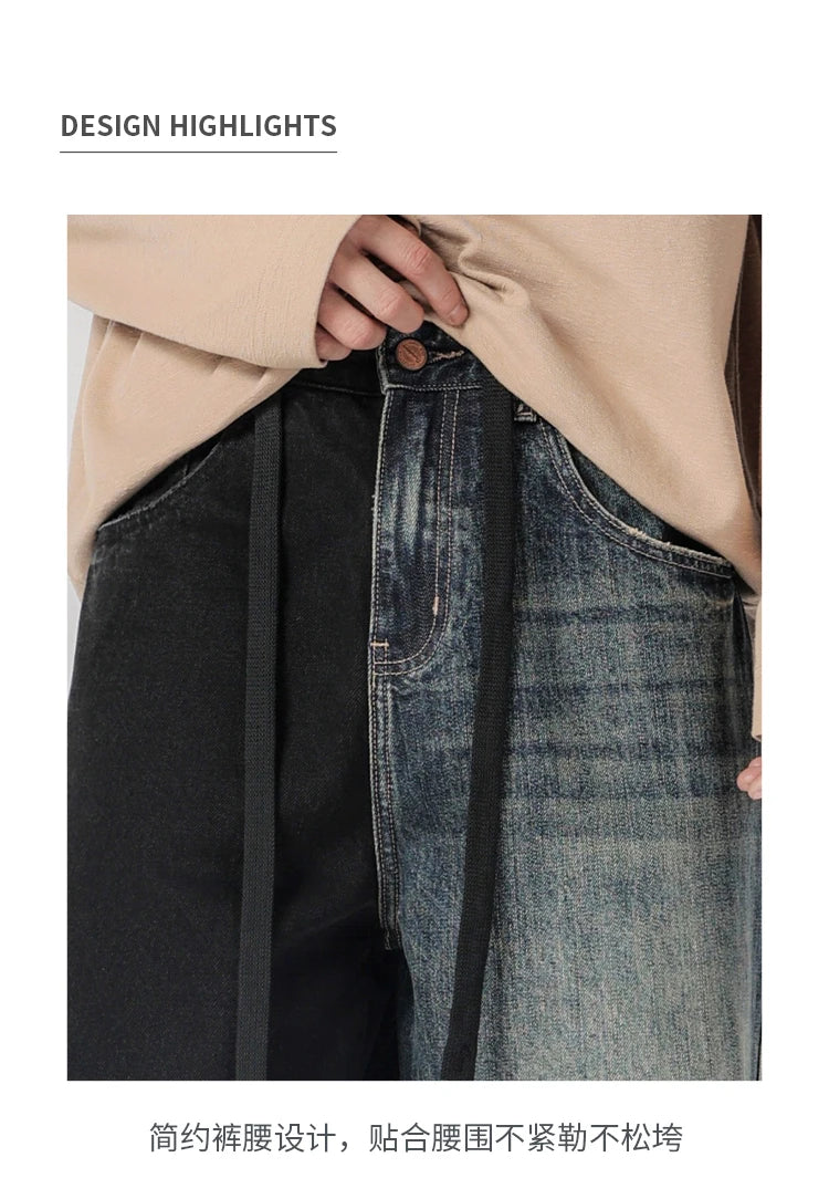 men streetwear fashion black blue splice hip hop loose casual wide leg straight baggy jeans pant cityboy jeans pants trousers unique jeans style 2520